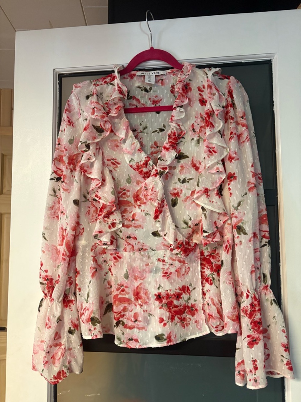 Pink Floral Ruffle Wrap Blouse